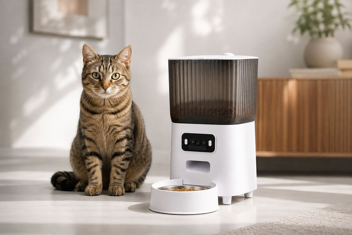 Gato sentado junto al comedero FeedMatic
